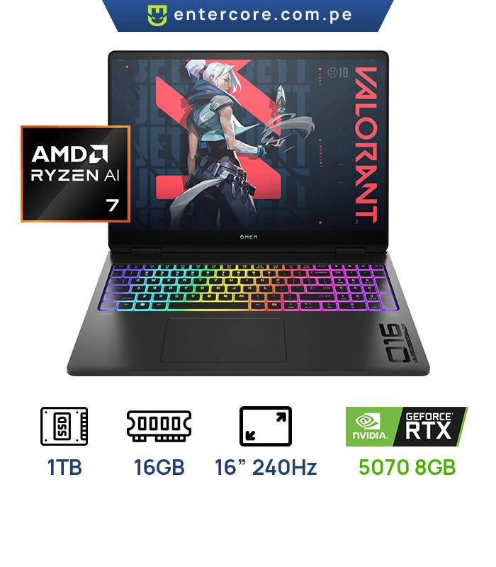LAPTOP HP OMEN MAX 16-AK0047NR GAMING AMD Ryzen AI 7 H350 16GB DDR5 1TB SSD, 16" WQXGA (2560x1600) 240Hz IPS NVIDIA RTX 5070 8192MB GDDR7 Black Aluminum Color, Bluetooth 5.4, Wi-Fi 7, Webcam, RGB Backlit, WIN11