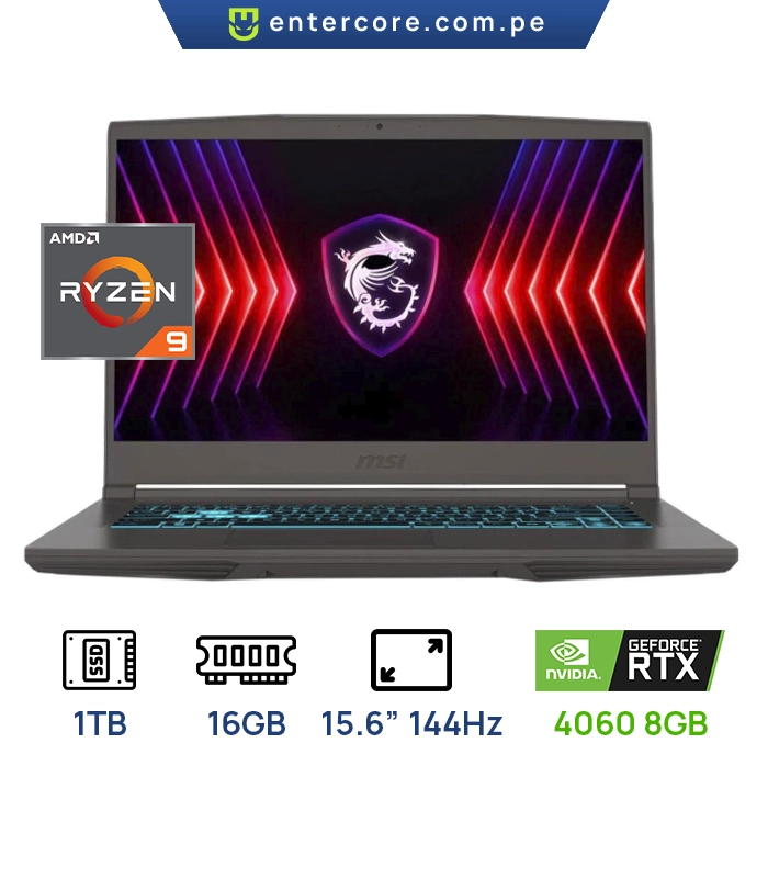 LAPTOP MSI THIN A15 AI AMD RYZEN 9-8945HS 16GB DDR5 1TB SSD 15.6" FHD 144HZ TECLADO AMERICANO RETROILUMINADO NVIDIA GEFORCE RTX4060 8GB WINDOWS 11 HOME
