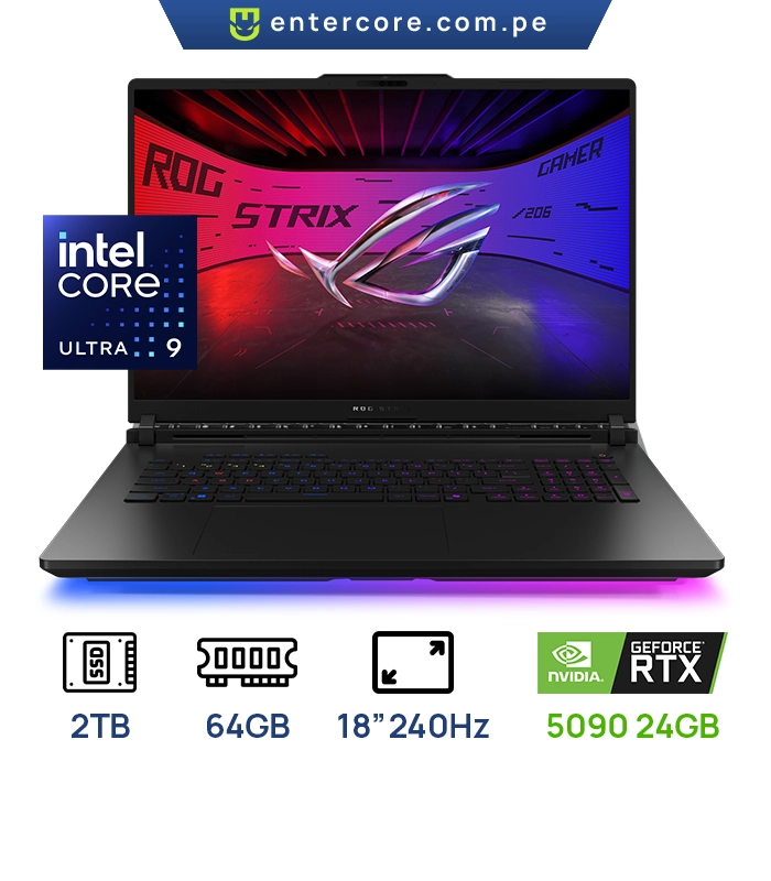 LAPTOP ASUS G835LX-SA119W 18" Core Ultra 9 275HX 64GB DDR5 2TB SSD M.2 NVIDIA GeForce RTX5090 24GB GDDR7 WQXGA MINILED (2560 x 1600) Backlit Keyboard, MOCHILA Y MOUSE ROG STRIX