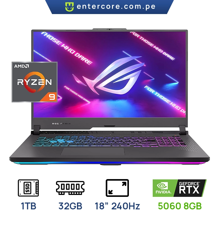 LAPTOP ASUS ROG STRIX G814PM-ES96 AMD RYZEN9 8940HX, 32GB DDR5 DISCO: 1TB SSD PANTALLA: 18” 2.5K 2560X1600 240Hz VIDEO: 8GB GDDR6 NVIDIA GEFORCE RTX 5060 WIN11