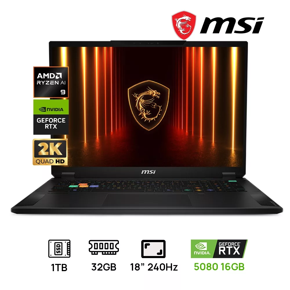 LAPTOP MSI STEALTH A18 AI A3HWIG-019US AMD RYZEN AI 9 365HX SERIE 3 32GB DDR5 1TB SSD 18” QHD(2560X1600) 240Hz GEFORCE RTX 5080 16GB Backlit Keyboard