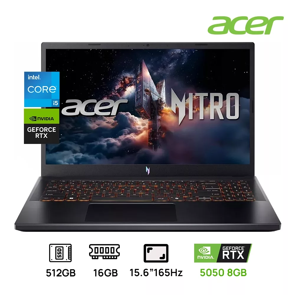 LAPTOP ACER NITRO ANV1552-57X GAMING INTEL CORE I5-13420H 512GB SSD 16GB DDR4 15.6 FHD (1920X1080) 165HZ, NVIDIA GEFORCE RTX 5050 8192MB WIN 11 COLOR BLACK