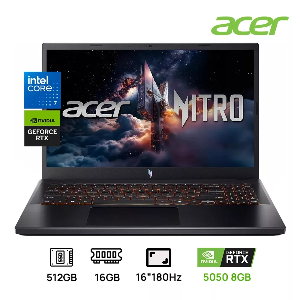 LAPTOP ACER NITRO V ANV16-72-789X GAMING Core i7 240H 512GB SSD 16GB 16"WUXGA (1920 x 1200) IPS, 180HZ NVIDIA RTX 5050 8192MB WIN11, COLOR BLACK Backlit Keyboard