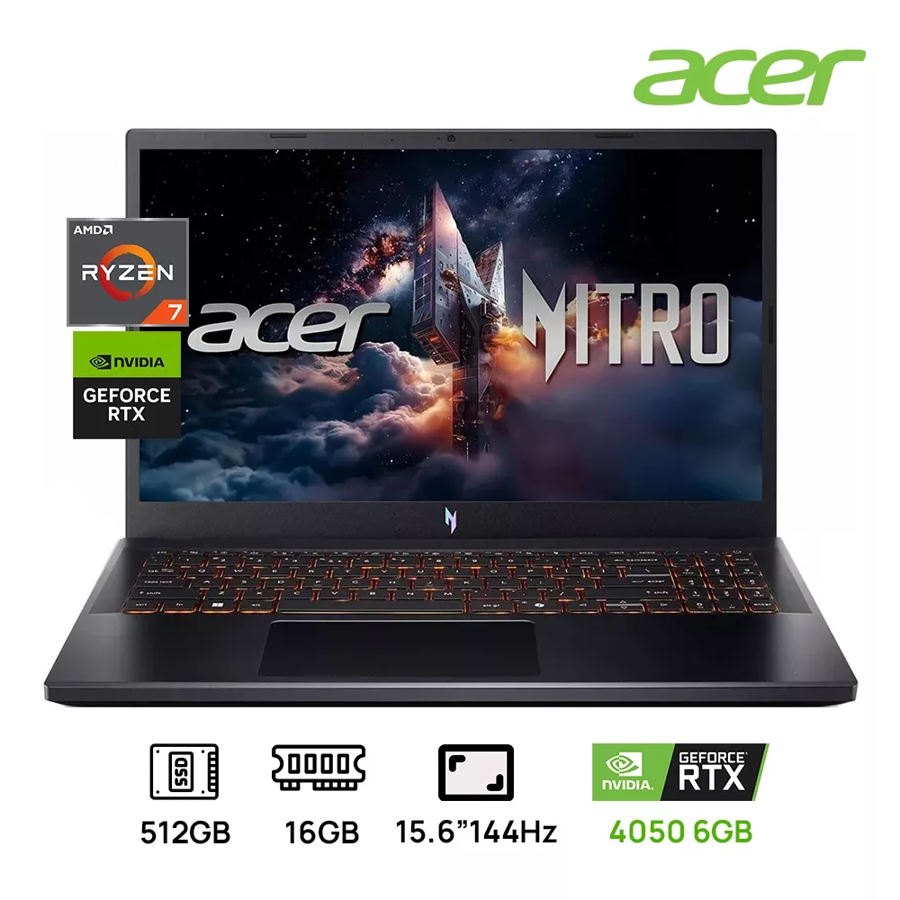 LAPTOP ACER NITRO ANV15-41 GAMING AMD Ryzen™ 7 7735HS 512GB SSD 16GB 15.6" (1920x1080) 144Hz NVIDIA® RTX 4050 6144MB WIN11 COLOR BLACK Backlit Keyboard