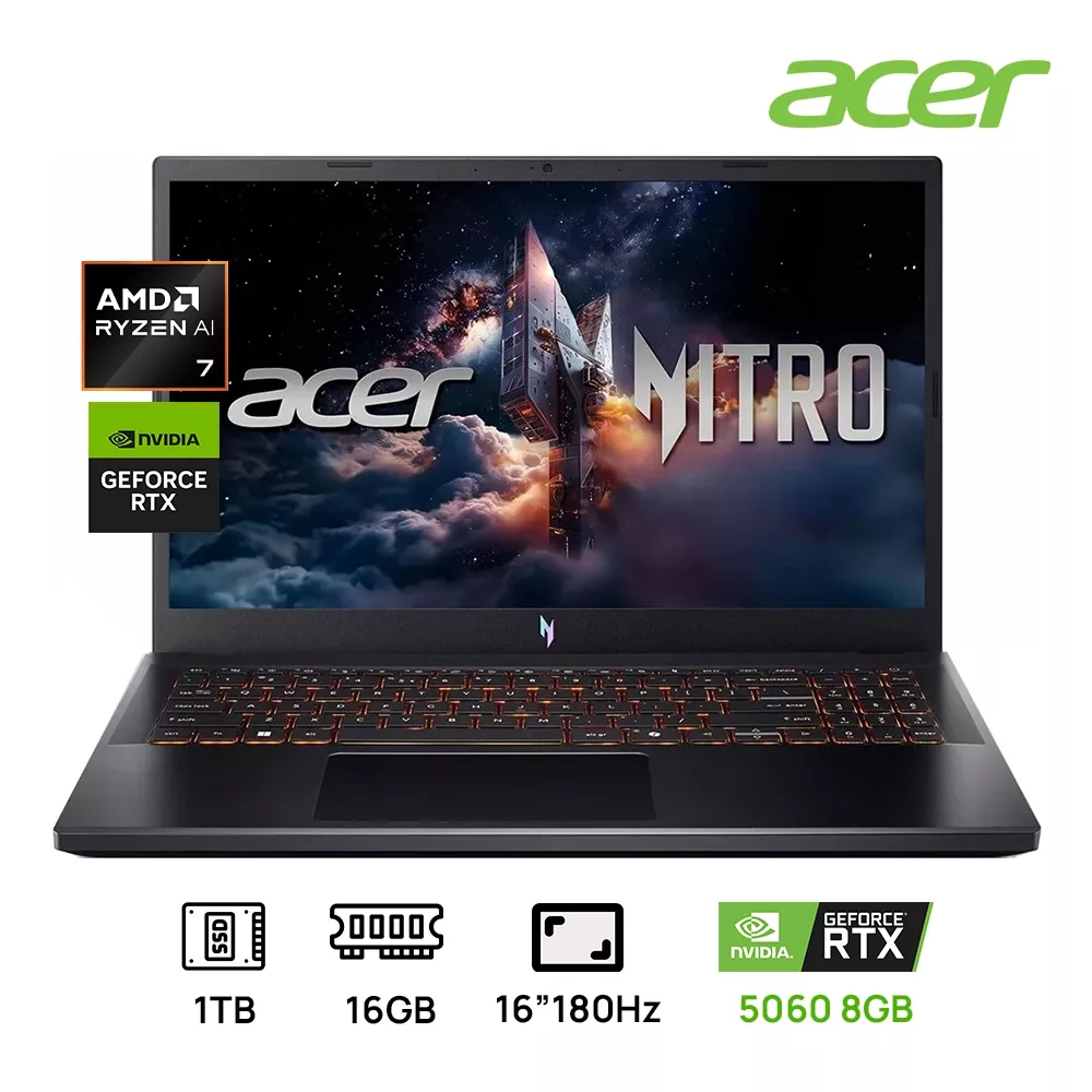 LAPTOP ACER NITRO V ANV16-61-R0YW GAMING AMD RYZEN AI 7 350 1TB SSD 16GB DDR5 16 WUXGA(1200X1920) 180HZ NVIDIA RTX 5060 8192MB WIN 11 COLOR BLACK