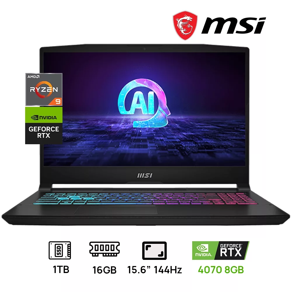 LAPTOP MSI KATANA A15 AI B8VG-423US GAMING AMD RYZEN 9 8945HS 1TB SSD 16GB DDR5 15.6 FULL HD (1920X1080) 144HZ NVIDIA GEFORCE RTX 4070 8192MB ,WIN 11 COLOR BLACK