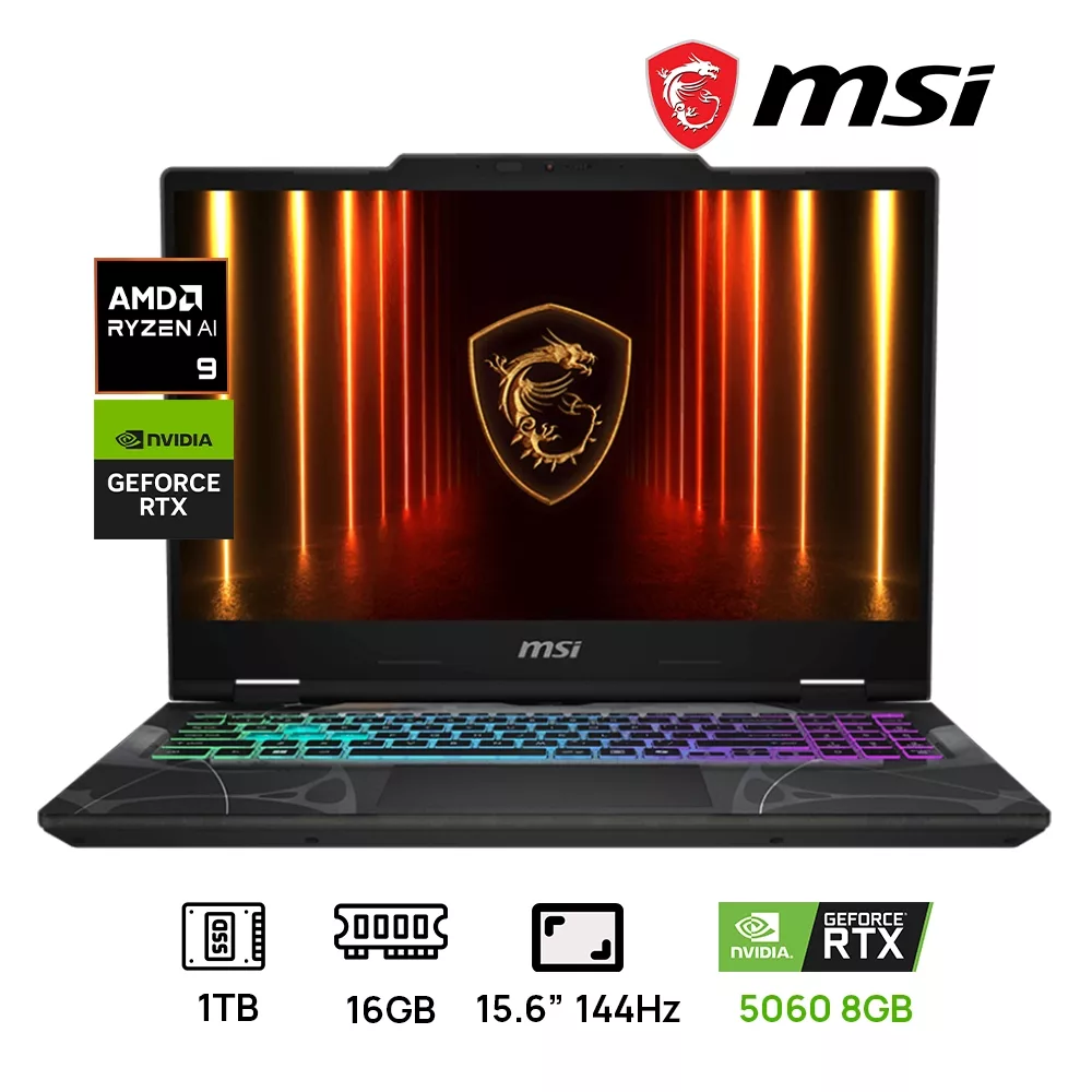 LAPTOP MSI CYBORG A15 AI B2HWFKG-006US GAMING AMD RYZEN 9 270 1TB SSD 16 DDR5 15.6 FHD (1920X1080) 144HZ NVIDIA GEFORCE RTX 5060 8192MB WIN 11 COLOR TRANSLUCENT BLACK