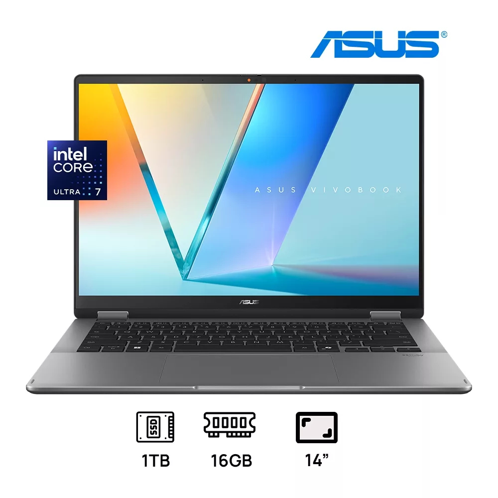 LAPTOP ASUS VIVOBOOK FLIP TP3407SA-DS74T 2-IN-1 INTEL CORE ULTRA 7 256V 1TB SSD 16GB DDR5 14 WUXGA OLED (1920X1200) TOUCHSCREEN WIN11 JADE GREY