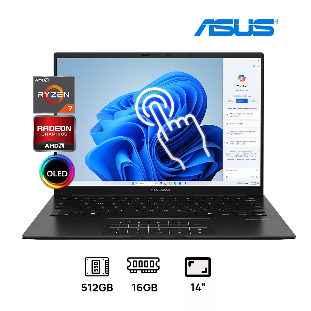 LAPTOP ASUS ZENBOOK 14 OLED UM3406HAAMD Ryzen™ 7 8840HS 512GB SSD 16GB 14" (1920x1200) OLED TOUCHSCREEN WIN11 JADE BLACK TACTIL