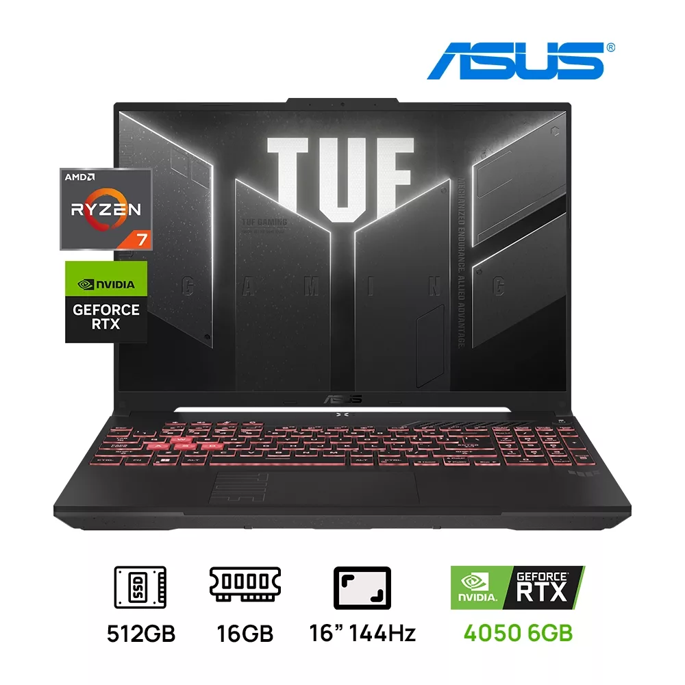 LAPTOP ASUS TUF A16 FA607NUQ GAMING AMD Ryzen™ 7 170 512GB SSD 16GB 16" (1920x1200) 144Hz WIN11 NVIDIA® RTX 4050 6144MB MECHA GRAY