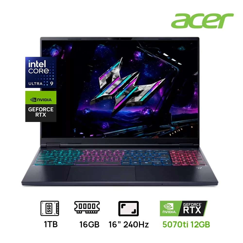 LAPTOP ACER PREDATOR HELIOS NEO 16 AI PHN16-73-92B8 GAMING Core™ Ultra 9 275HX 1TB SSD 16GB 16" (2560x1600) 240Hz NVIDIA® RTX 5070Ti 12288MB BLACK Backlit Keyboard