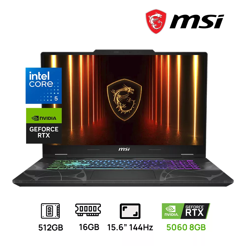 LAPTOP MSI CYBORG 15 B2RWFKG-295US INTEL CORE 5 210H 16GB DDR5 512GB SSD 15.6 FHD (1920X1080) 144HZ NVIDIA RTX 5060 8GB COLOR TRANSLUCENT BLACK