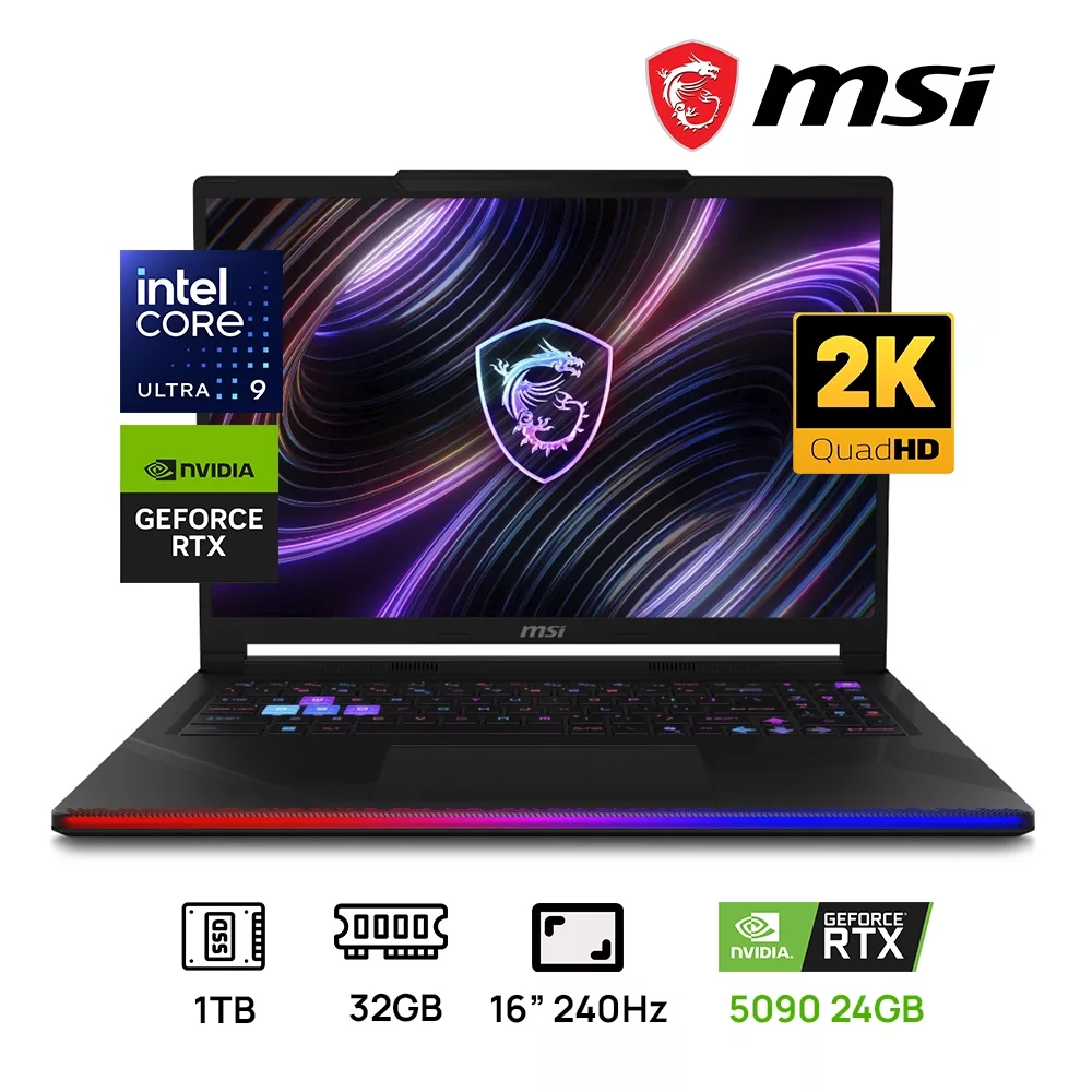 LAPTOP MSI RAIDER 16 MAX HX B2WJ-002US INTEL ULTRA 9 290HX 32GB DDR5 1TB SSD 16" QHD(2560x1600) 240Hz NVIDIA RTX 5090 24GB TECLADO RGB