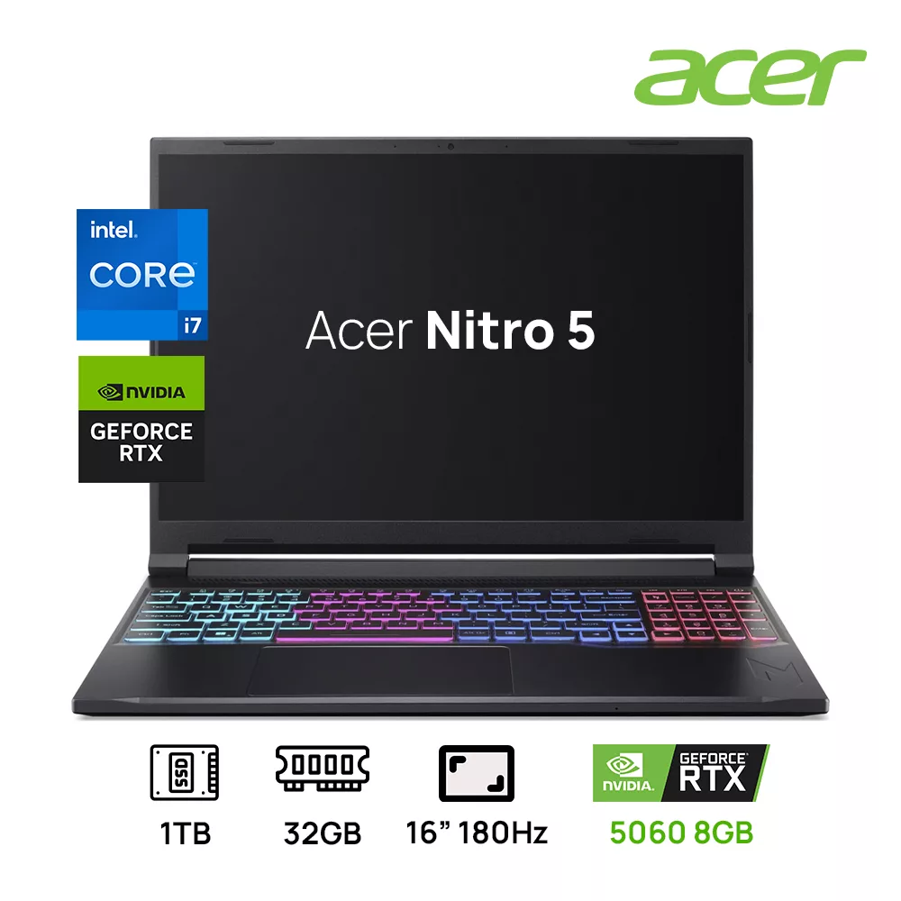 LAPTOP ACER NITRO V ANV16S-71-71T5 GAMING INTEL CORE i7 240H 32GB DDR5 1TB SSD 16" WUXGA(1920 x 1200) 180HZ NVIDIA RTX 5060 8GB BLACK