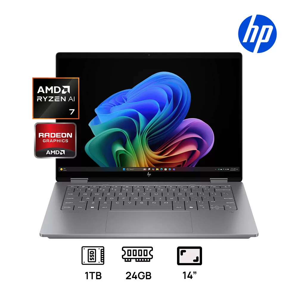 LAPTOP HP OMNIBOOK X FLIP 2 IN 1 14-FK0033DX AMD RYZEN AI 7 350 24GB DDR5 1TB SSD 14" WUXGA (1920X1200) TACTIL COLOR METEOR SILVER