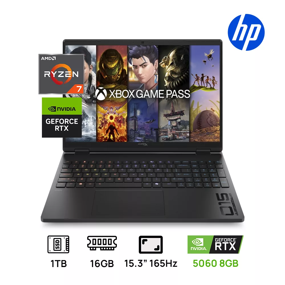 LAPTOP HP OMEN HYPER 15-GB0070WM GAMING RYZEN 7 8745HX 16GB DDR5 1TB SSD 15.3" FHD (1920x1200) 165Hz NVIDIA RTX 5060 8GB SHADOW BLACK TECLADO ILUMINADO