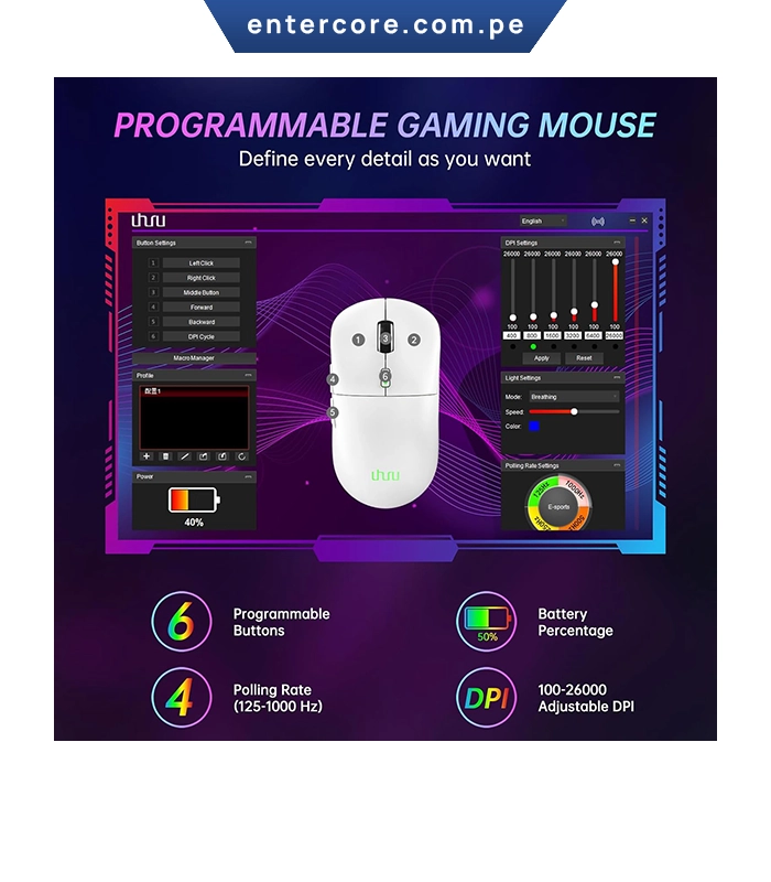 MOUSE OPTICO UHURU WM-09 RGB 26000DPI PAW3395 WIRELESS WHITE